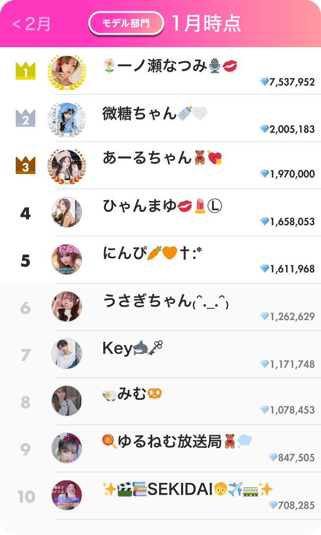 モデル部門ランキング1月